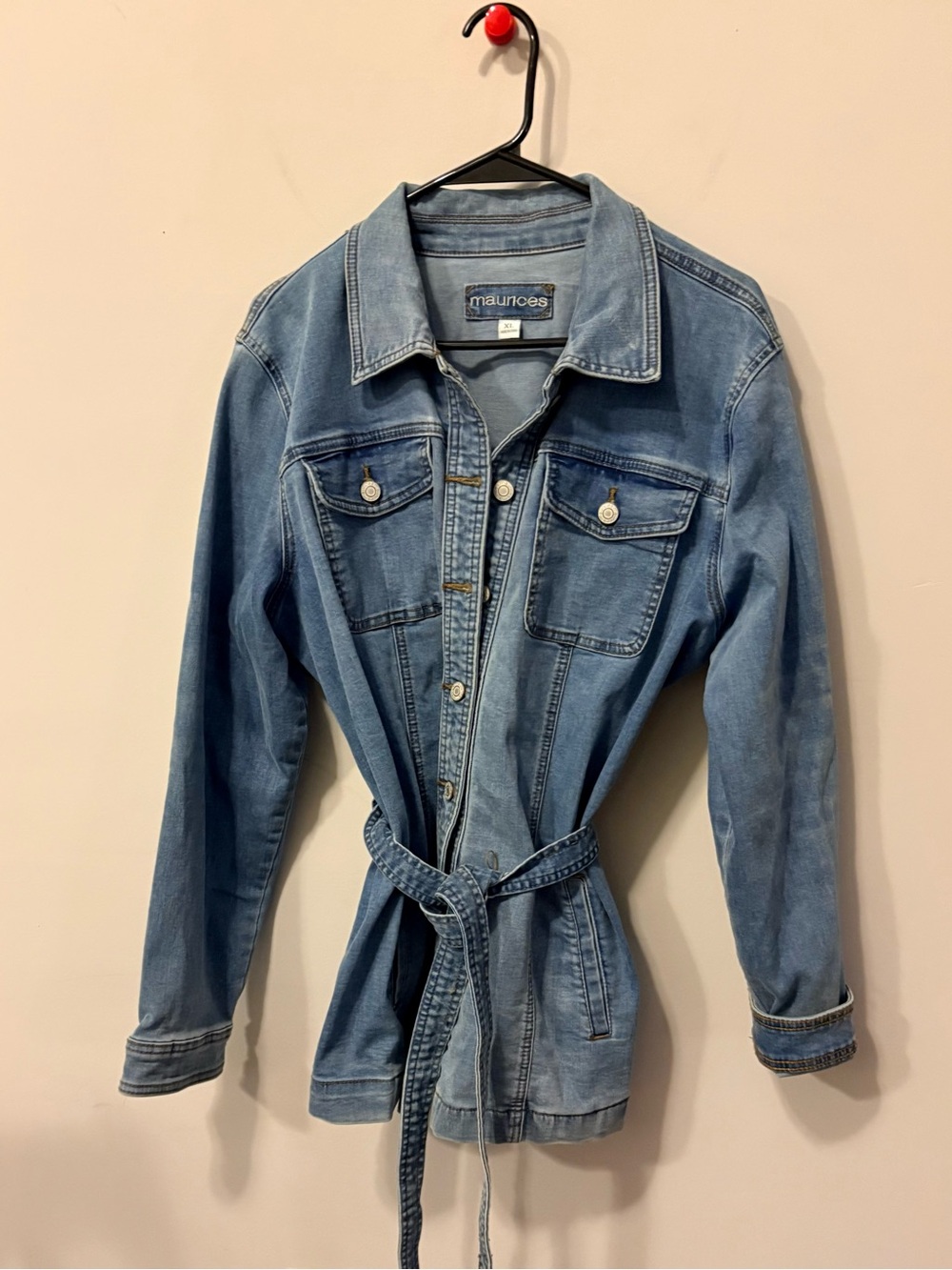 Maurices Medium Blue Denim Jacket with Tie Waist Perfect for Fall weather.